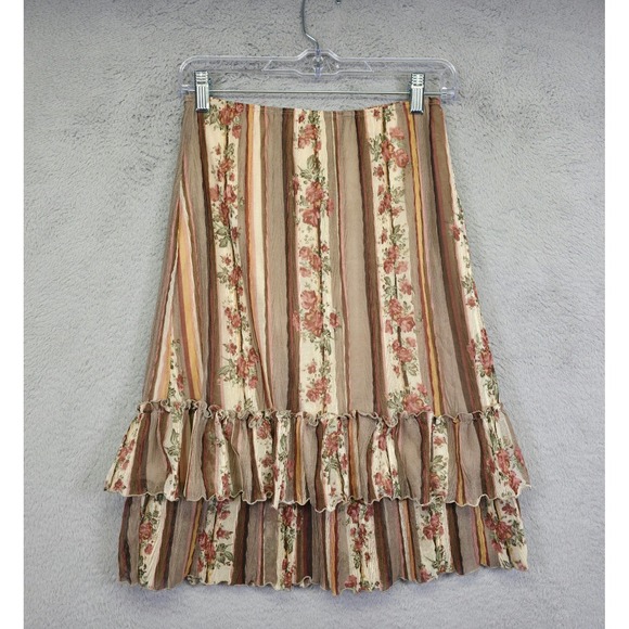 Y2K Vintage Janette Skirt Womens M Brown Floral Tiered Ruffle Boho Cottagecore - Picture 1 of 12